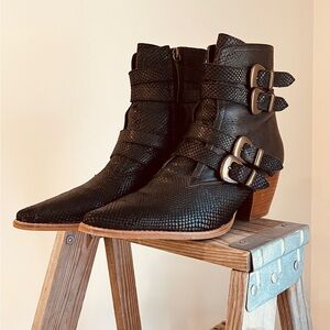 Black Snakeskin Ankle Boots with Buckles